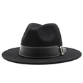 Detail of black wool fedora with leather band, white stitching and silver metal buckle - M (56-58cm) / Black