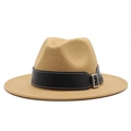 Detail of khaki wool fedora hat featuring a black leather band with white stitching and silver buckle - Camel