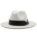 Close-up of white wool fedora hat featuring a black leather band with silver buckle - White