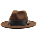 Detail of brown wool fedora hat featuring black leather band with silver buckle - Dark Coffee