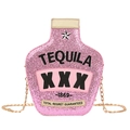 Pink sequin tequila bottle shaped crossbody bag with a golden metal chain strap - Glitter Pink