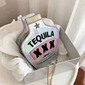 Creative tequila bottle shaped holographic crossbody bag with gold chain strap for women - Laser Silver