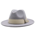 Detailed view of gray wool fedora hat with beige leather band and silver metal buckle - Light Gray