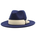 Detailed side view of navy fedora hat with beige leather band and silver metal buckle - Navy Blue