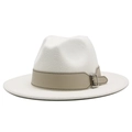 White wool fedora jazz hat with beige leather strap and silver buckle for men and women - White