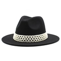 Elegante cappello fedora nero in lana da donna con tesa larga e fascia di perle bianche - M (56-58cm) / Nero