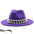 Detailed view of a purple wool fedora with a black velvet band and white pearl accents - M (56-58cm) / Purple