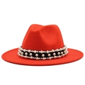 Chapeau Fedora rouge style britannique en feutre de laine avec ruban perlé - Rouge Orangé