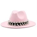 Chapeau fedora rose élégant avec ruban noir et perles blanches pour mode féminine - Rose