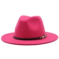 Detail of magenta wool fedora hat featuring a black leather band and gold metal buckle - M (56-58cm) / Rose Red