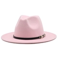 Detailed close-up of a pink wool fedora with a black leather band and gold buckle accent - M (56-58cm) / Pink