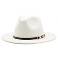 Detailed close-up of a white wool fedora hat with black leather band and gold metal buckle - M (56-58cm) / White
