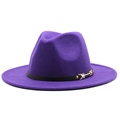 Detailed side view of purple wool fedora hat with elegant black belt buckle accent - M (56-58cm) / Purple