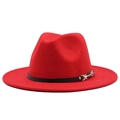 Detailed view of red wool fedora with black leather band and gold metal buckle detail - M (56-58cm) / Red