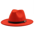 Detail of red wool felt fedora featuring a black leather band and gold M letter metal logo - M (56-58cm) / Orange Red