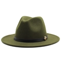 Olive green wool fedora hat with black leather band and gold M metal buckle - M (56-58cm) / Army Green
