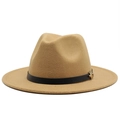 Detail of camel wool fedora hat featuring a black leather band and gold metal buckle - M (56-58cm) / Camel