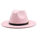 Detail of pink wool fedora hat featuring black leather band and gold metal buckle - M (56-58cm) / Pink
