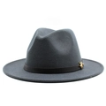 Detail of grey wool fedora hat featuring a black leather band and gold metal buckle - M (56-58cm) / Dark Gray