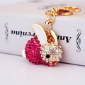 Exquisite pink and white crystal rabbit keychain with gold finish and lobster clasp - Pink Rabbit