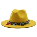 Yellow wool felt fedora with bohemian turquoise tassel band and ethnic accessories - M (56-58cm) / Yellow