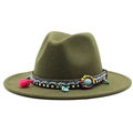 Detail of olive green fedora with bohemian beaded band and turquoise peace charm - M (56-58cm) / Army Green