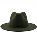 Classic olive green wool fedora hat with matching ribbon and elegant wide brim design - M (56-58cm) / Green