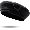 Classic black PU leather beret with stylish metal chain detail and retro British octagonal style - M (56-58cm) / Black