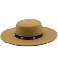 Camel wide brim flat top wool hat with black ribbon and gold studs for men and women - M (56-58cm) / Camel