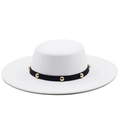Retro flat top wool felt hat in ivory with black ribbon and golden rivet details - M (56-58cm) / White