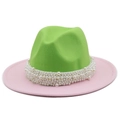 Two-tone wool fedora hat in green and pink with white pearl chain ribbon detail - M (56-58cm) / Emerald Green & Light Pink - Pearl Style