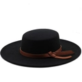 Elegant black flat top wool felt boater hat with a brown faux leather belt accent - M (56-58cm) / Black