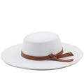 Elegant white flat top wool felt boater hat with a brown leather decorative band - M (56-58cm) / White