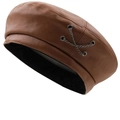 Brown PU leather beret with metal chain detail in a stylish side view for women - M (56-58cm) / Khaki