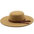 British style camel flat top wool boater hat with brown leather band for men and women - M (56-58cm) / Camel