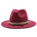 Detail of wine red wool fedora featuring ethnic geometric band and bohemian tassels - M (56-58cm) / Burgundy