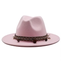 Pink wool fedora hat with ethnic woven band featuring pom-poms, shells and metal coins - M (56-58cm) / Pink