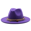Detailed close-up of purple wool fedora hat with ethnic geometric ribbon and poms - M (56-58cm) / Purple