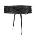 Minimalist black wide faux leather obi belt with front bow tie for dresses and coats - Black