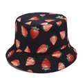 Detail of multi-row stitching on brim of black cotton bucket hat with strawberry print - M / Black Strawberry