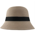 Minimalist straw bucket hat in khaki with a black ribbon band on a white background - Khaki Color with Black Band Style (04)