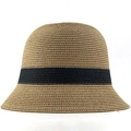 Minimalist straw bucket hat in light brown with a wide black ribbon and weave texture - Straw Color with Black Band Style (01)