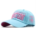 Detailed 3D pink Boston embroidery and shield patch on sky blue cotton baseball cap - Adjustable / Sky Blue