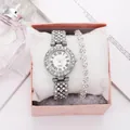 Elegant silver watch and heart bracelet set with full rhinestones in a pink gift box - Rhinestone Watch + Rib Chain + Box / Silver