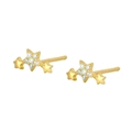 Orecchini a perno con tre stelle dorate e inserto in zircone su sfondo bianco - Oro
