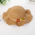 Straw sun hat for girls with woven flowers and wavy brim in natural beige finish - Hat / Khaki