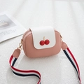 Pink and white crossbody bag for girls featuring cherry charm and striped strap - Pink