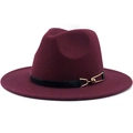 Close-up of wine red fedora hat featuring black leather band and gold metal buckle - Burgundy