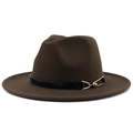 Detailed macro view of dark brown wool fedora hat with black leather band and gold buckle - Coffee