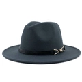 Detail of dark grey fedora hat featuring wool felt texture and black leather band with gold buckle - Dark Gray